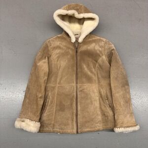 Wilsons Leather Jacket Womens 1X Tan Hooded Shearling Lined Zip Coat Winter